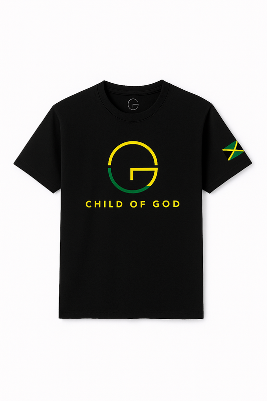 Black t-shirt with 'Child of God' logo and Jamaican flag design on sleeve